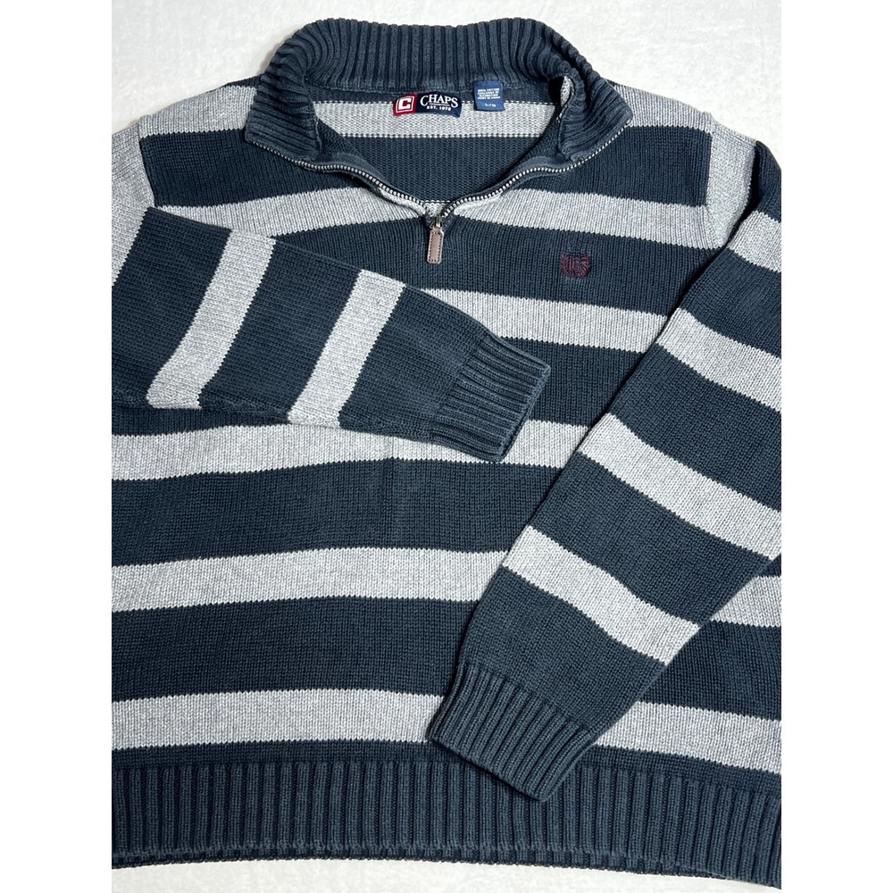 Chaps Mens Large Navy Blue Gray Striped Quarter Zip Cotton Knit Sweater